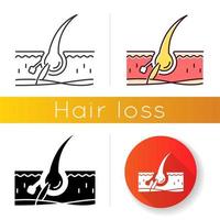 Follicle icon. Damaged hair root. Microscopic look on skin tissue. Epidermis problem. Haircare and dermatology. Alopecia treatment. Linear black and RGB color styles. Isolated vector illustrations