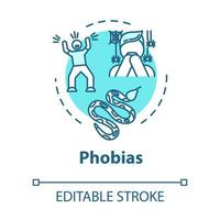 Phobias concept icon. Irrational fear reaction. Arachnophobia, herpetophobia. Mental disorder. Psychiatry idea thin line illustration. Vector isolated outline RGB color drawing. Editable stroke