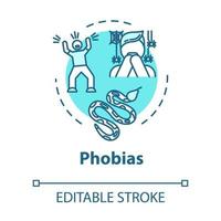 Phobias concept icon. Irrational fear reaction. Arachnophobia, herpetophobia. Mental disorder. Psychiatry idea thin line illustration. Vector isolated outline RGB color drawing. Editable stroke