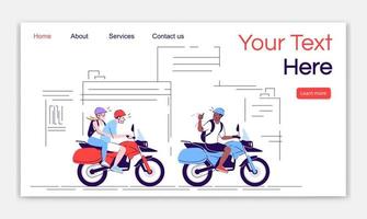 Local transport landing page vector template. Tourists riding motorcycles in city. Indonesia tourism website interface idea with flat illustration. Homepage layout. Web banner, webpage cartoon concept