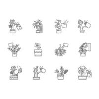 Houseplant caring pixel perfect linear icons set. Plant transplant. Watering, fertilizing. Spraying. Customizable thin line contour symbols. Isolated vector outline illustrations. Editable stroke