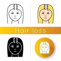 Female hairloss icon. Linear black and RGB color styles. Woman with alopecia. Dermatology, beauty treatment. Thinning hairline. Unhealthy scalp condition. Isolated vector illustrations