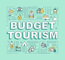 Budget tourism word concepts banner. Camping. Cheap accommodations. Advance booking. Infographics with linear icons on green background. Isolated typography. Vector outline RGB color illustration