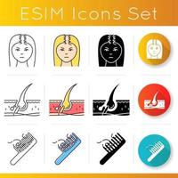 Hair loss icons set. Damaged hair root. Female hairloss. Haircare and dermatology. omb with hair strands. Hairbrush, beauty. Linear, black and RGB color styles. Isolated vector illustrations