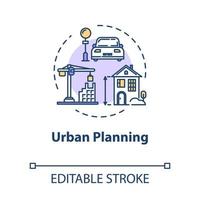 Urban planning concept icon. Infrastructure and transportation. Suburban settlement. Building construction idea thin line illustration. Vector isolated outline RGB color drawing. Editable stroke