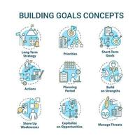 Building goals concept icons set. Setting target to achieve. Improving performance. Self-development idea thin line RGB color illustrations. Vector isolated outline drawings. Editable stroke