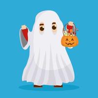 niño con disfraz de fantasma y caramelos de calabaza vector