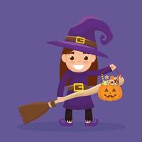 little girl with witch disguise and candies pumpkin vector