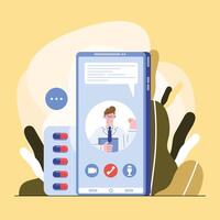 doctor in smartphone and capsules vector