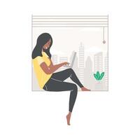 afro woman using laptop vector