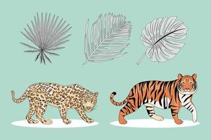 wild felines and leafs vector