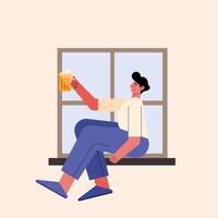 man drinking beer in window vector