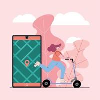 woman on electric scooter and smartphone vector