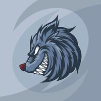 Sonriente mascota de cabeza de lobo azul, esta imagen genial es adecuada para logotipos de equipos de deportes electrónicos o para comunidades de deportes extremos como patinetas, etc., también adecuada para diseños de camisetas o mercancía vector