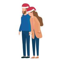 young lovers couple with christmas hat characters vector