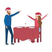 lovers couple with christmas hat in dinner table vector