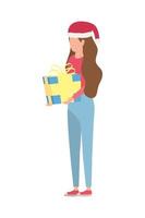 young woman with christmas hat and giftbox vector