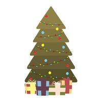 christmas pine tree with balls hanging and gifts vector