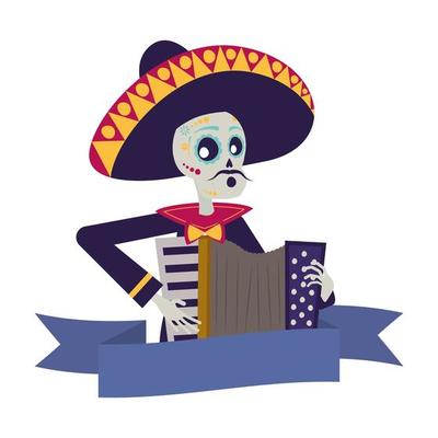 mariachi skull playing accordion comic character