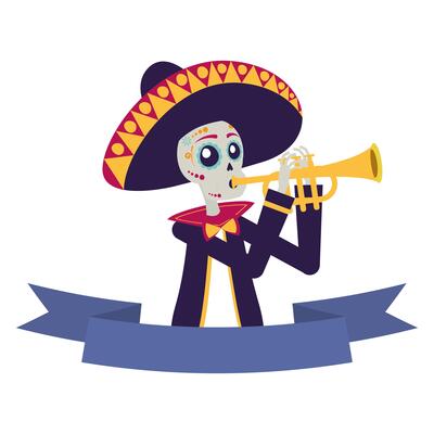 mariachi skull playing trumpet comic character