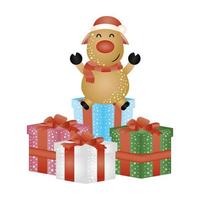 feliz navidad lindo reno en personaje de regalos vector