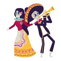 catrina and mariachi playing trumpet characters vector