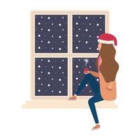 Mujer joven con gorro de navidad sentado en la ventana vector