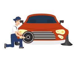 young mechanic changing tire character vector