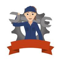 female young mechanic worker with gear and ribbon vector