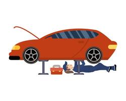 female young mechanic working in car character vector