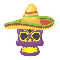 cabeza de calavera con sombrero mexicano tradicional vector