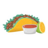 delicious mexican tacos with sauce hot and lemon vector