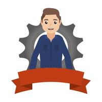 young mechanic worker with gear and ribbon vector