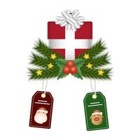 caja de regalo de navidad con etiquetas de santa y ciervos colgando vector
