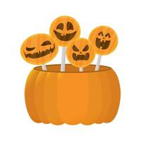 halloween pumpkin pot with sweet lollipops vector