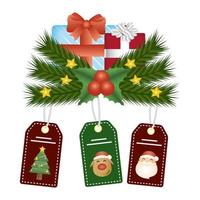 christmas gift box with tags of santa and deer hanging vector