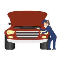 female young mechanic working in car character vector