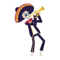 mariachi calavera tocando trompeta personaje cómico vector