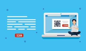 escanear el código qr en la computadora portátil con el hombre y los iconos vector