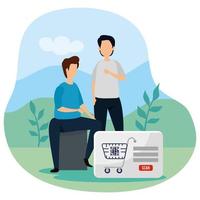 men with code qr in cart shopping vector