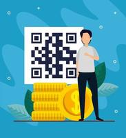 hombre con código qr e iconos vector