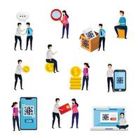 scenes of people with code qr and icons vector