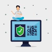 escanear el código qr en la computadora con el hombre y los iconos vector