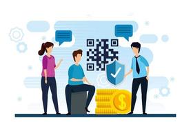 people with code qr and icons vector