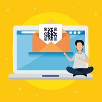 scan code qr in laptop with man and icons vector