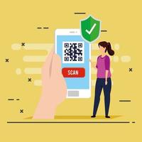 escanear el código qr en el teléfono inteligente con mujer e iconos vector