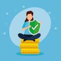 beautiful woman sitting in pile of coins vector