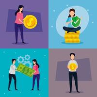 scenes of young people with coins and bills cash vector
