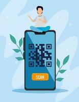 scan code qr in smartphone with man and icons vector