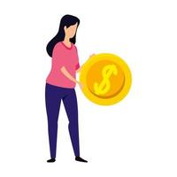 mujer y moneda dinero efectivo icono aislado vector